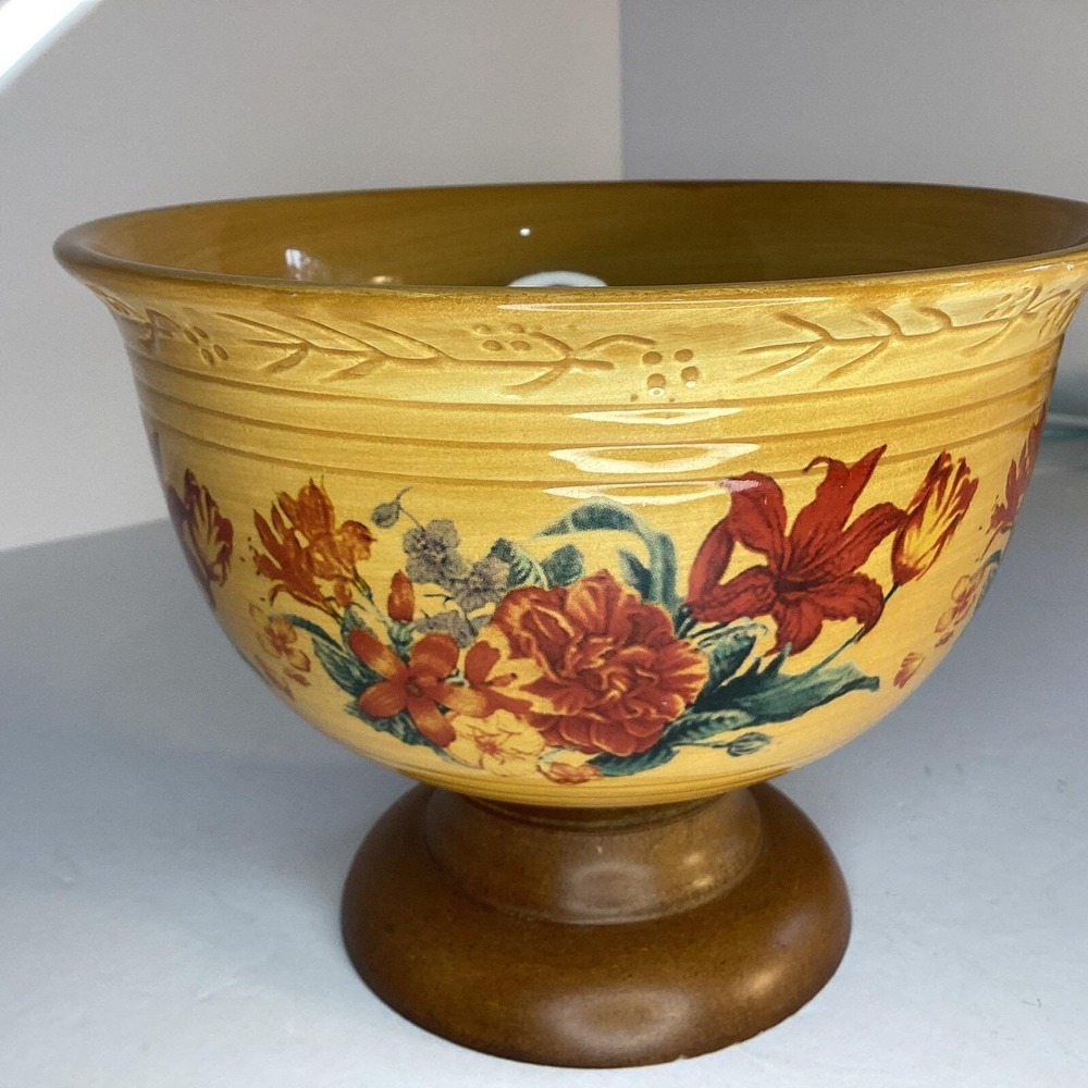 Vtg Wood Pedestal Porcelain Bowl Floral Farmhouse Decor Yellow Red
